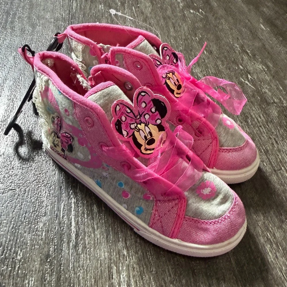 Disney Minnie Mouse High Top Sneakers Girls Size 12 Pink Grey Lace Glitter Zip